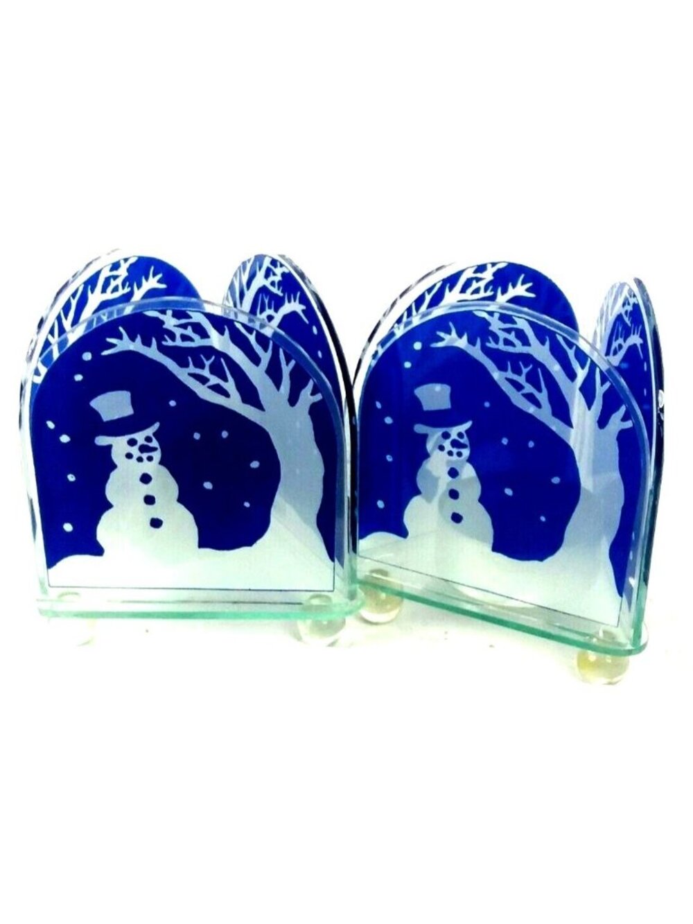 Winter Scene Tealight Candle Holders Glass Footed Blue Triangles Set of Two